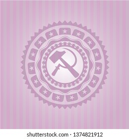 sickle and hammer icon inside retro pink emblem