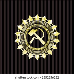 sickle and hammer icon inside shiny badge