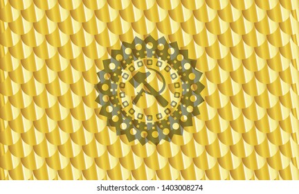 sickle and hammer icon inside shiny golden badge. Scales pattern. Vector Illustration. Detailed.