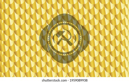 sickle and hammer icon inside shiny golden emblem. Scales pattern. Vector Illustration. Detailed. 