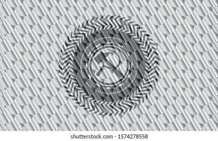 sickle and hammer icon inside silver badge. Scales pattern. Vector Illustration. Detailed.