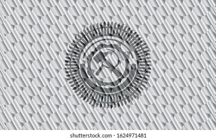 sickle and hammer icon inside silver color emblem. Scales pattern. Vector Illustration. Detailed.