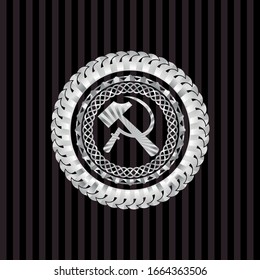 sickle and hammer icon inside silver shiny badge