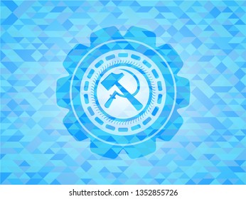 sickle and hammer icon inside sky blue emblem with mosaic ecological style background