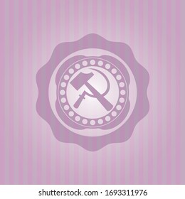 sickle and hammer icon inside vintage pink emblem