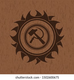 sickle and hammer icon inside wooden signboards