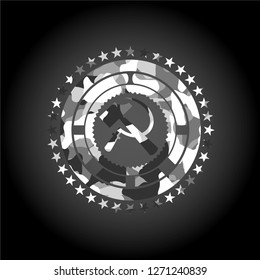 sickle and hammer icon on grey camo texture