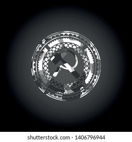 sickle and hammer icon on grey camo pattern