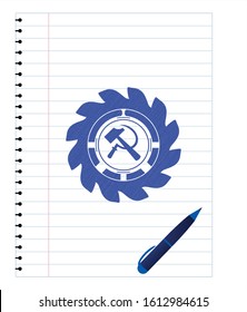 sickle and hammer icon pen strokes emblem. Blue ink. Vector Illustration. Detailed.
