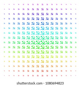 Sickle And Hammer icon rainbow colored halftone pattern. Vector sickle and hammer symbols organized into halftone grid with vertical spectral gradient. Designed for backgrounds,