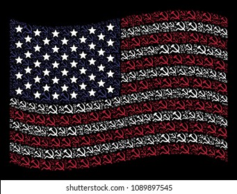 Sickle and hammer pictograms are organized into waving United States flag abstraction on a dark background. Vector collage of American state flag is composed of sickle and hammer items.