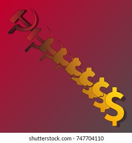 Sickle and hammer turns into a dollar sign. Symbolic image of the transition from socialism to capitalism.