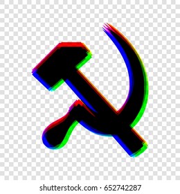 Sickle And Hammer. Vector. Black icon with red-green-blue contours on transparent background.