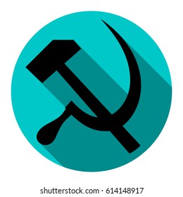 Sickle And Hammer. Vector. Flat black icon with flat shadow on royal yellow circle with white background. Isolated.