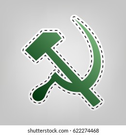 Sickle And Hammer. Vector. Green icon with outline for cutting out at gray background.