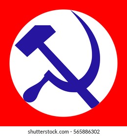 Sickle And Hammer. Vector icon. Blue icon in white circle at red background. Colors of USA flag. Circumscribed circle. Circumcircle.