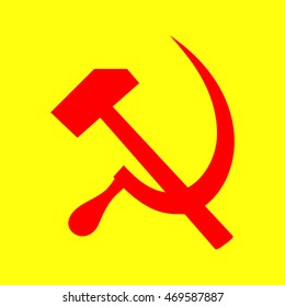 Sickle And Hammer. Vector icon. Red on yellow background. SUPER.