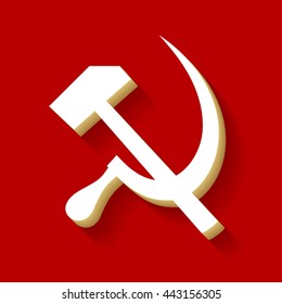 Sickle And Hammer. Vector icon. White button icon with wood color and shadow on dark red background.