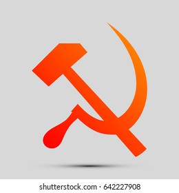 Sickle And Hammer. Vector. Orange, red-yellow icon with shadow on gray background.