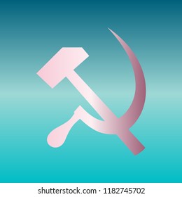 Sickle And Hammer. Vector. Pink bronze gradient icon at turquoise gradient background.