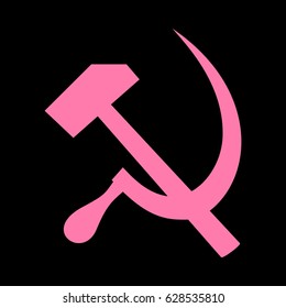 Sickle And Hammer. Vector. Pink icon on black background.