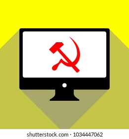 Sickle And Hammer. Vector. Red icon on white monitor of black all-in-one desktop computer with two shadows at yellow background.