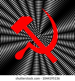 Sickle And Hammer. Vector. Red icon on white and black radial interference as background.