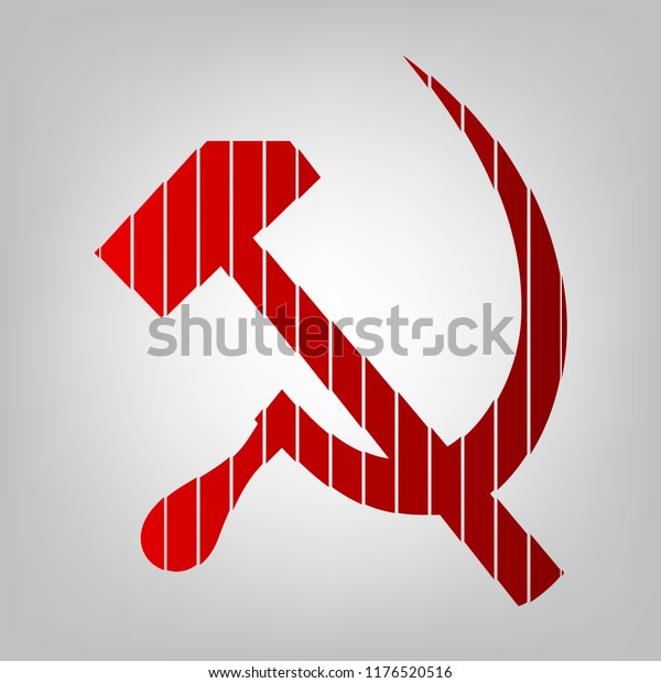 Sickle And Hammer. Vector. Vertically divided\
icon with colors from reddish gradient in gray background with\
light in center.