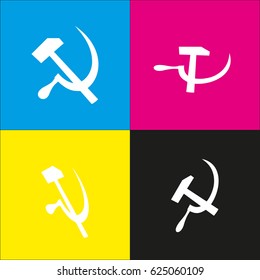 Sickle And Hammer. Vector. White icon with isometric projections on cyan, magenta, yellow and black backgrounds.