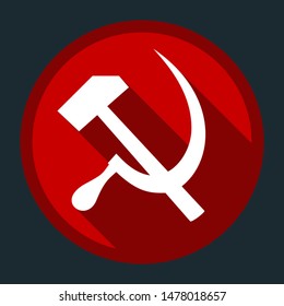 Sickle And Hammer. White icon with shadow on round red button at dark cyan background. Illustration.