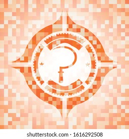 sickle icon inside abstract emblem, orange mosaic background