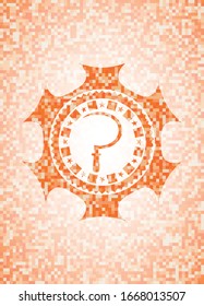 sickle icon inside abstract emblem, orange mosaic background