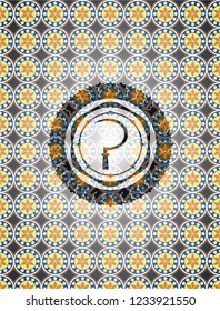 sickle icon inside arabic badge background. Arabesque decoration.