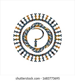 sickle icon inside arabic badge background. Arabesque decoration.