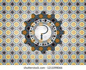 sickle icon inside arabic style badge. Arabesque decoration.