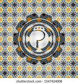 sickle icon inside arabic style emblem. Arabesque decoration.