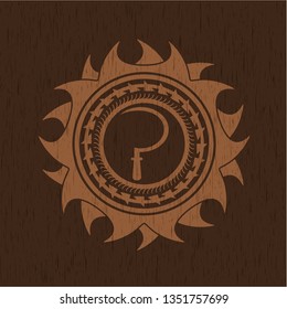 sickle icon inside badge with wood background
