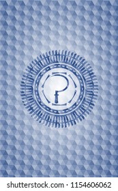 sickle icon inside blue emblem with geometric pattern.