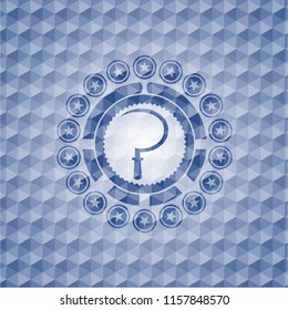 sickle icon inside blue emblem with geometric background.