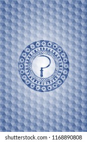 sickle icon inside blue emblem or badge with geometric pattern background.