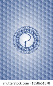 sickle icon inside blue polygonal emblem.