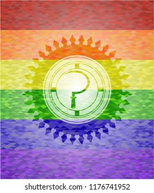 sickle icon inside emblem on mosaic background with the colors of the LGBT flag