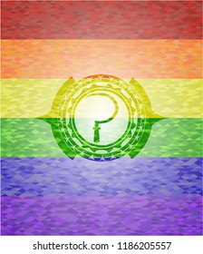 sickle icon inside emblem on mosaic background with the colors of the LGBT flag