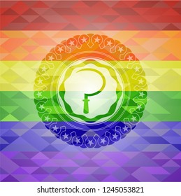 sickle icon inside emblem on mosaic background with the colors of the LGBT flag
