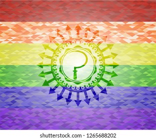 sickle icon inside emblem on mosaic background with the colors of the LGBT flag
