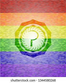 sickle icon inside emblem on mosaic background with the colors of the LGBT flag