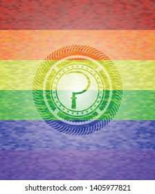 sickle icon inside emblem on mosaic background with the colors of the LGBT flag
