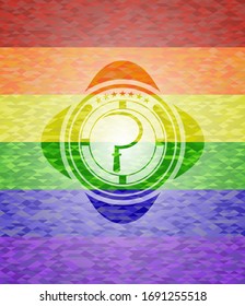 sickle icon inside emblem on mosaic background with the colors of the LGBT flag