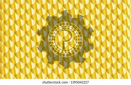 sickle icon inside gold badge. Scales pattern. Vector Illustration. Detailed.