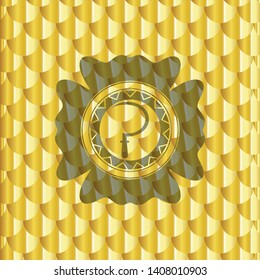 sickle icon inside gold emblem. Scales pattern. Vector Illustration. Detailed.
